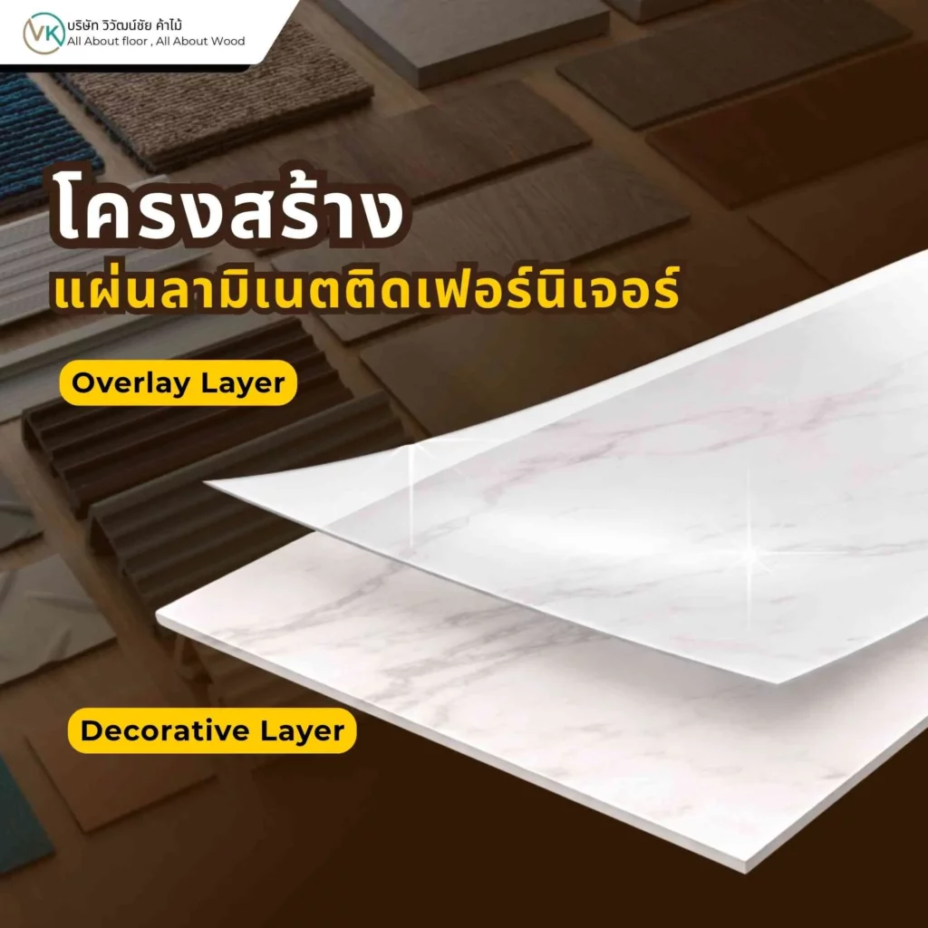 โครงสร้างของแผ่นลามิเนตติดเฟอร์นิเจอร์ประกอบด้วยชั้นผิวตกแต่ง ชั้นลวดลาย และชั้นวัสดุรองรับ