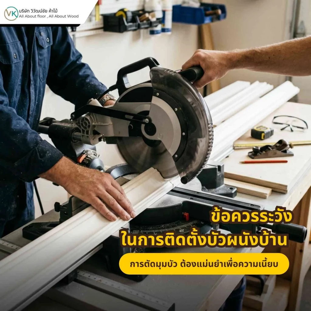 ภาพการตัดมุมบัวผนังอย่างแม่นยำ เพื่อให้รอยต่อเข้ามุมดูเรียบร้อยและแนบสนิท