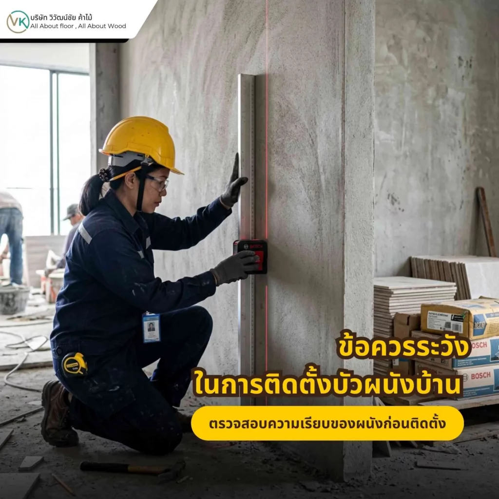 ภาพการตรวจสอบความเรียบของผนังก่อนติดตั้งบัวผนัง เพื่อป้องกันปัญหาบัวแนบไม่สนิทและแนวไม่สวย