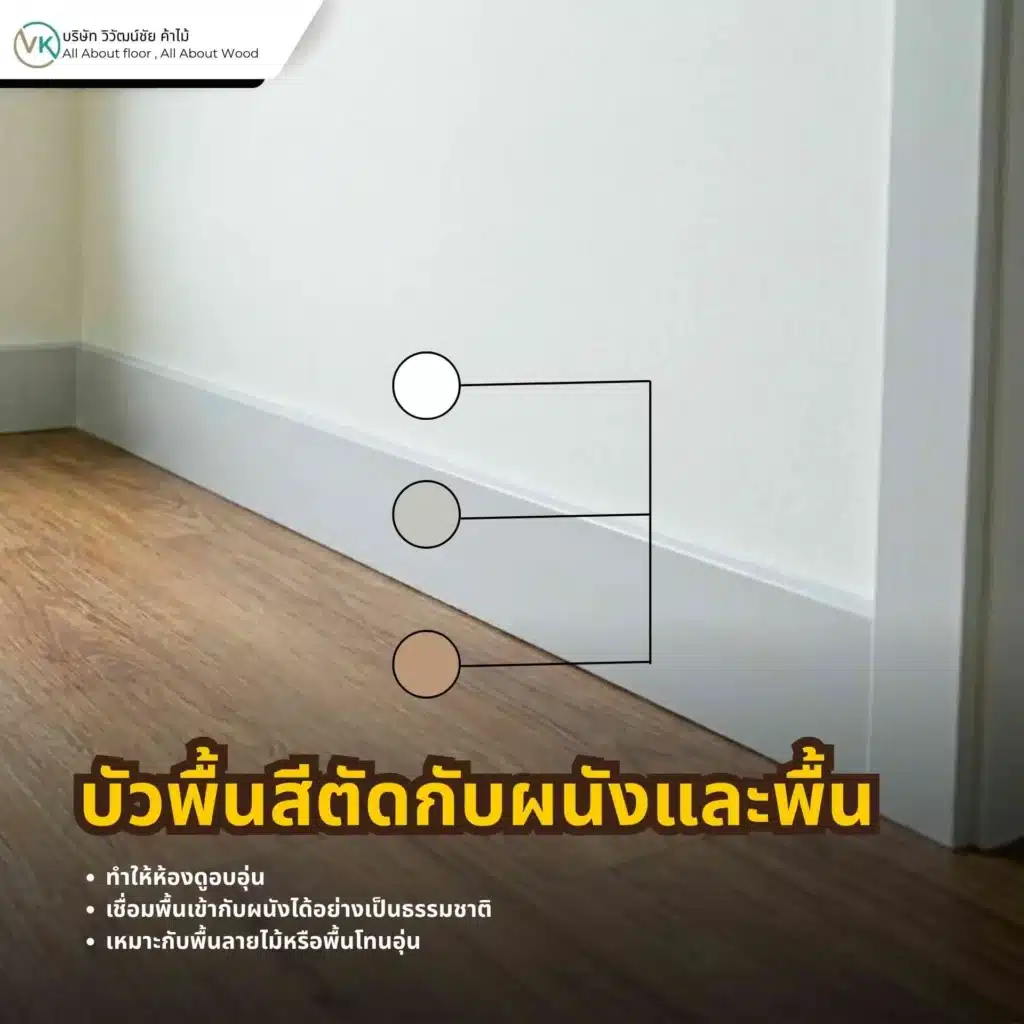 ภาพตัวอย่างบัวพื้นสีตัดกับผนังและพื้น เพื่อสร้างเส้นสายและความโดดเด่นให้กับห้อง