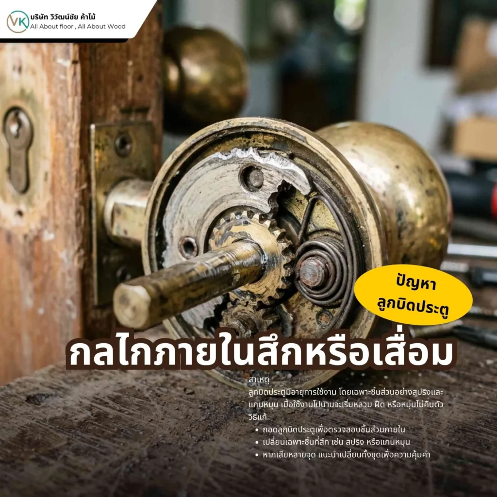 ลูกบิดประตูพังจากกลไกภายในสึกหรือเสื่อม ทำให้หมุนไม่ทำงาน