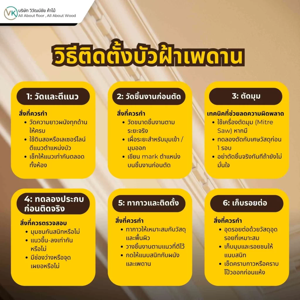 ภาพตัวอย่างรายละเอียดงานติดตั้งบัวฝ้าเพดานที่ดูเรียบร้อยและมีความเนี้ยบแบบมืออาชีพ