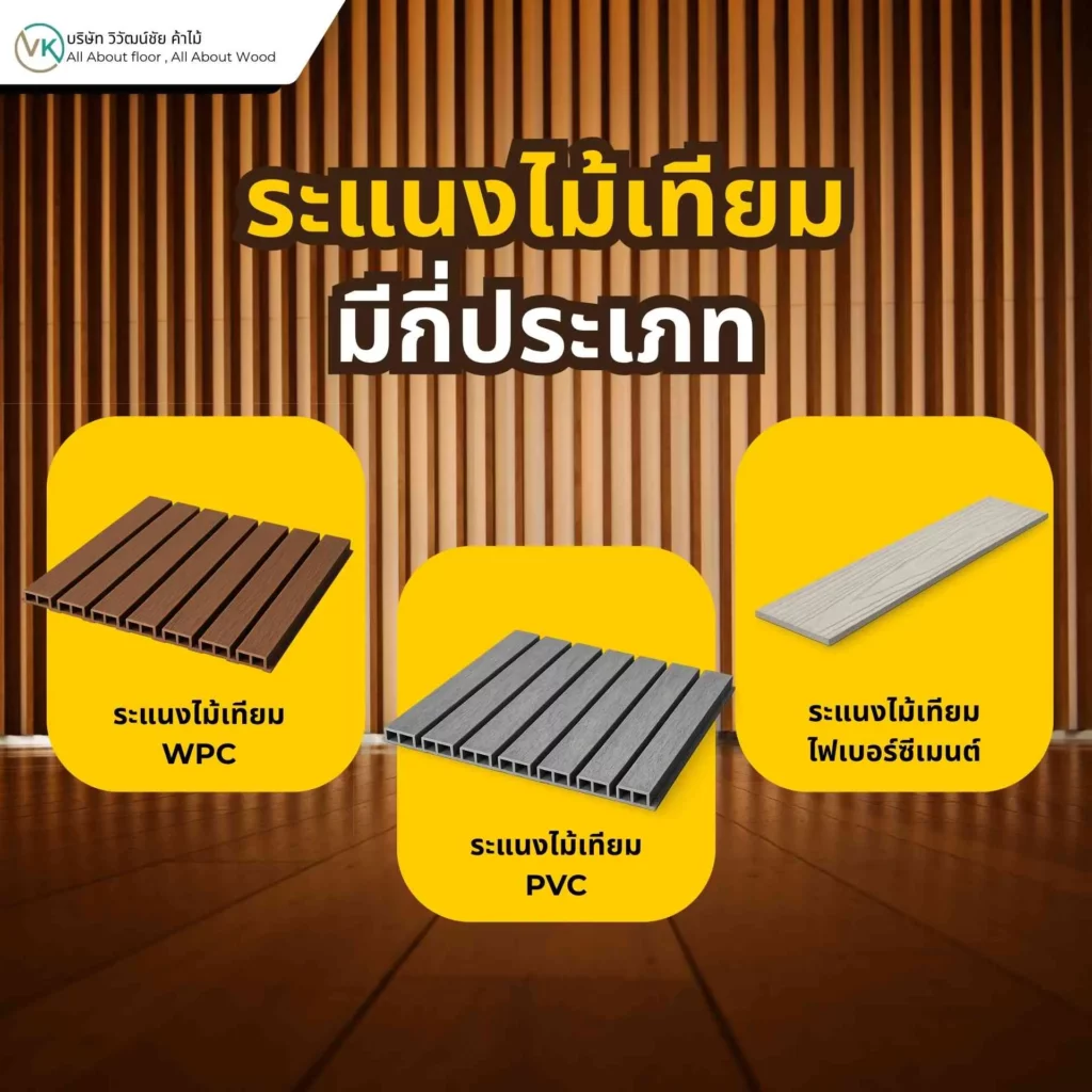 ภาพแสดงประเภทของระแนงไม้เทียมหลายแบบ สำหรับงานตกแต่งบ้านและอาคาร