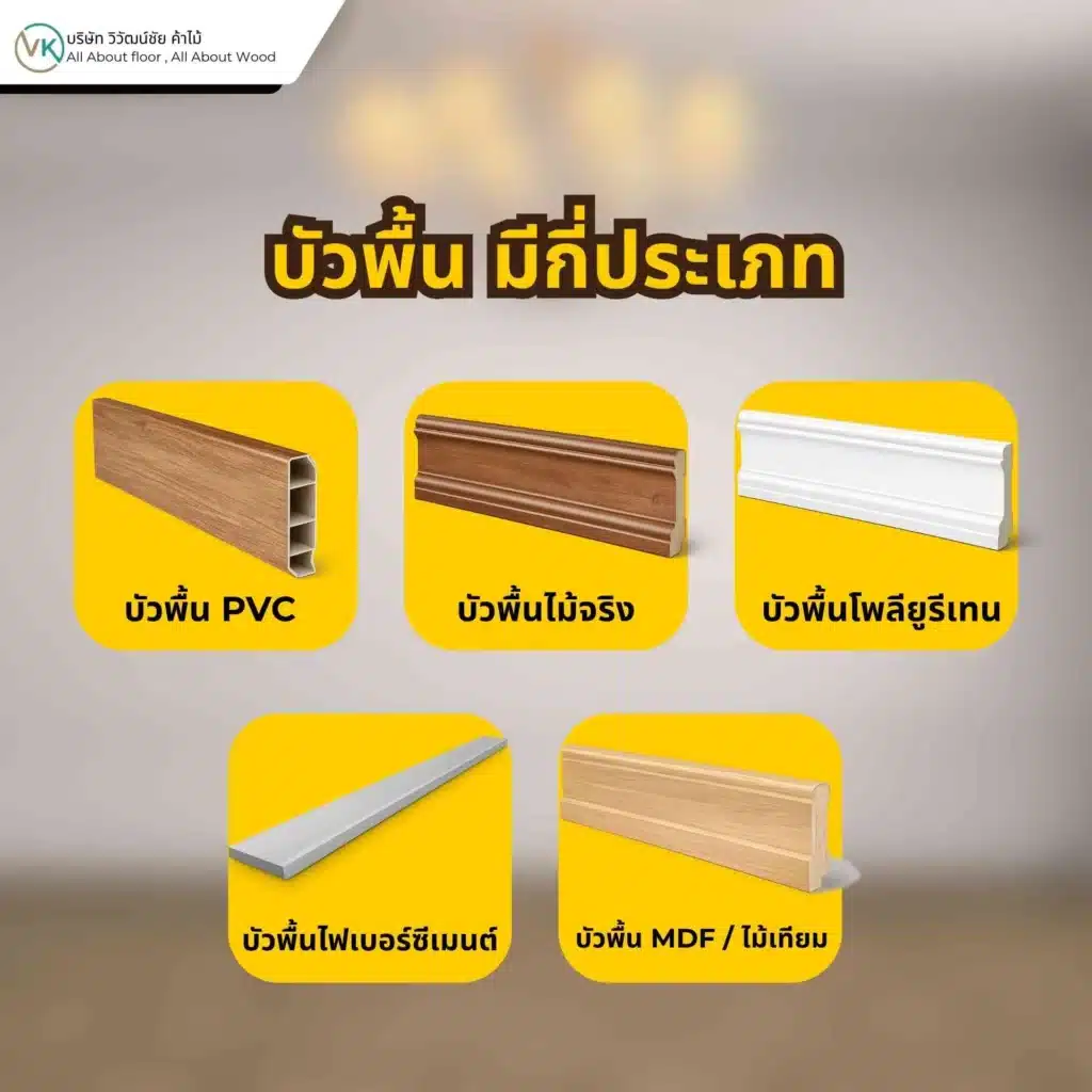 ภาพแสดงประเภทของบัวพื้นสำหรับบ้าน เช่น บัวไม้ บัว MDF บัว PVC บัวโพลียูรีเทน และบัวไฟเบอร์ซีเมนต์