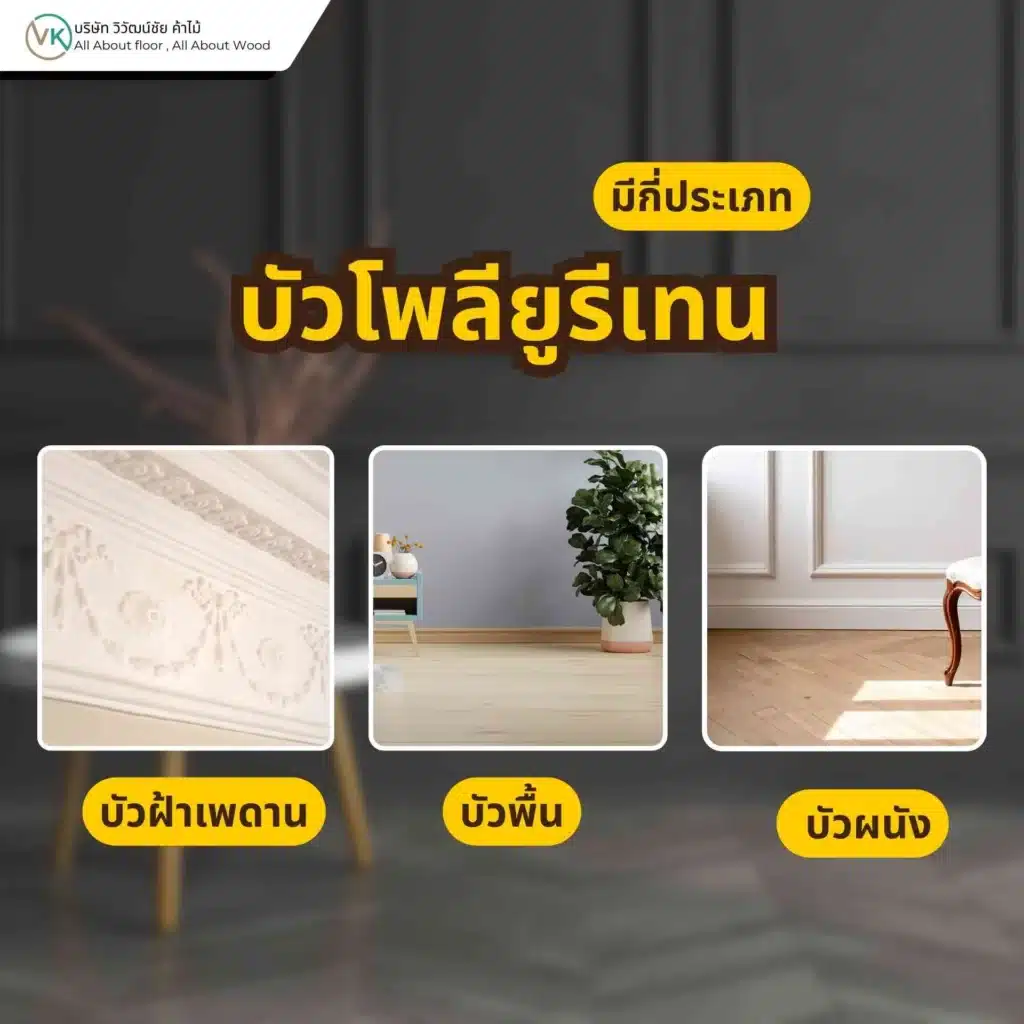 ภาพแสดงประเภทของบัวโพลียูรีเทน เช่น บัวพื้น บัวผนัง บัวฝ้าเพดาน และกรอบตกแต่งผนัง