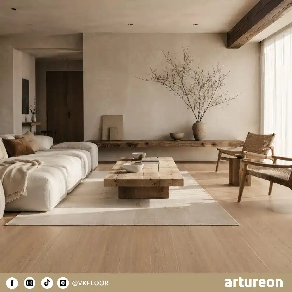 scelta-w50371-hallway-flooring-artureon ตัวอย่างการใช้งานพื้น SCELTA W50371 ในห้องนั่งเล่น โทนอบอุ่นจาก Artureon