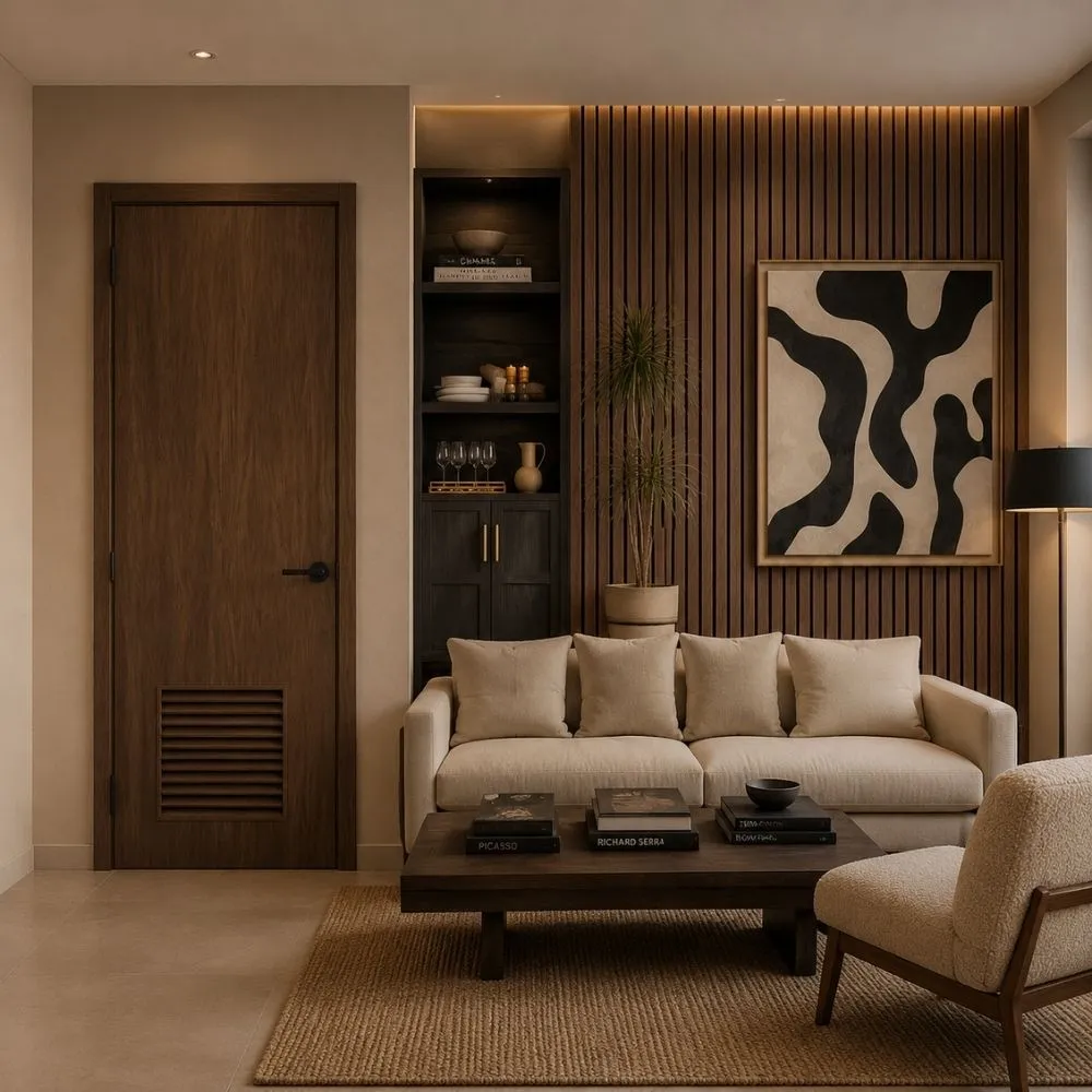 modern-interior-with-espresso-pear-hpl03-door (1) ประตูไม้อัดปิดผิวลามิเนต Espresso Pear HPL03 ตัวอย่างงานตกแต่งภายในสไตล์โมเดิร์น