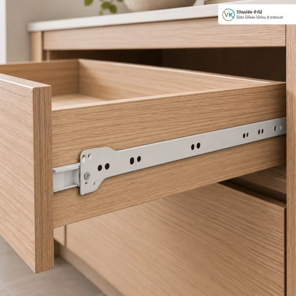 single-roller-undermount-drawer-slide-cream-10-inch-application ตัวอย่างการใช้งานรางลูกล้อตอนเดียวรับใต้สีครีม 10 นิ้ว