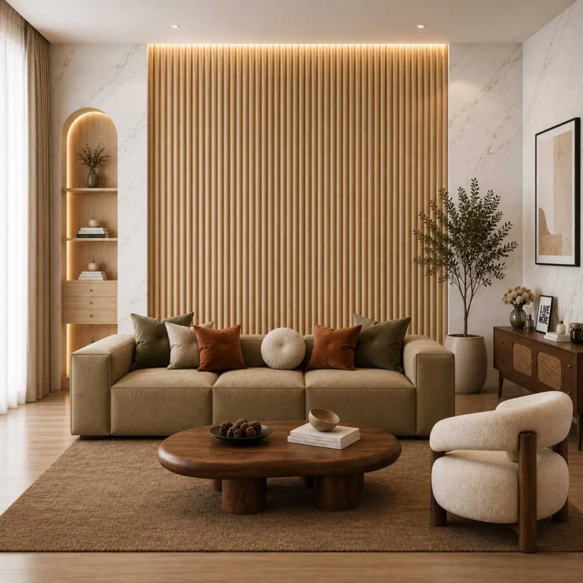 wpc-w-014-interior-application ตัวอย่างการใช้งานไม้ระแนง WPC รุ่น W-014 ตกแต่งผนังภายในบ้าน