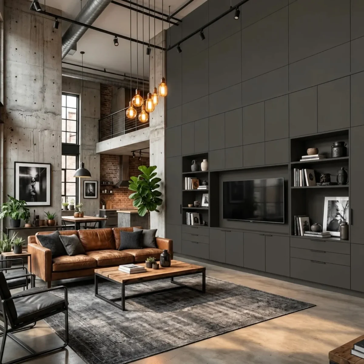 Laminate Sheet Solid Color TD Board Charcoal Grey 6637 M Application ลามิเนตปิดผิวเฟอร์นิเจอร์ลายสีพื้น TD Board สีเทาเข้ม รหัส 6637 M ตัวอย่างการตกแต่งห้องนั่งเล่นโทนเข้ม