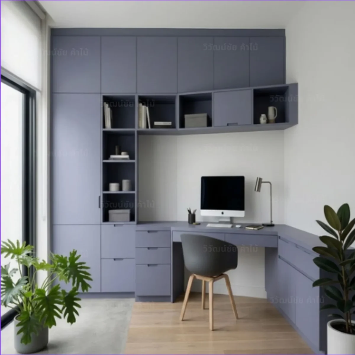 Laminate Sheet Solid Color TD Board Cliff Stone 9504 DU Application ลามิเนตปิดผิวเฟอร์นิเจอร์ลายสีพื้น TD Board สีเทาหม่นอมฟ้า รหัส 9504 DU ตัวอย่างการตกแต่งห้องทำงานโทนเทาหม่น