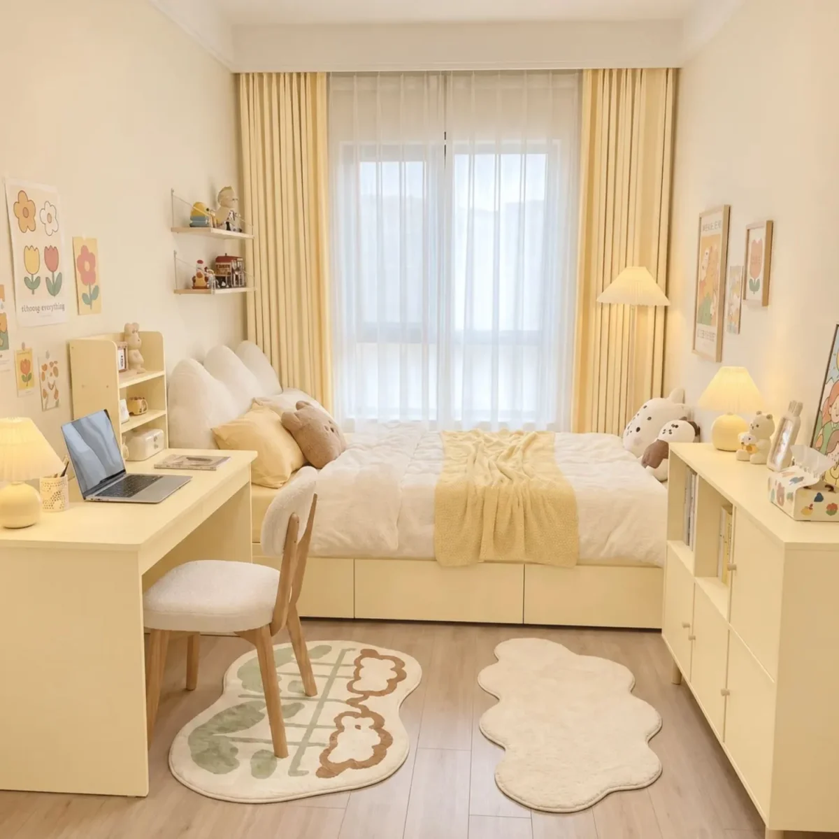 Laminate Sheet Solid Color TD Board Pastel Yellow 9508 DU Application ลามิเนตปิดผิวเฟอร์นิเจอร์ลายสีพื้น TD Board สีเหลืองพาสเทล รหัส 9508 DU ตัวอย่างการตกแต่งห้องนั่งเล่นโทนเหลืองอ่อน