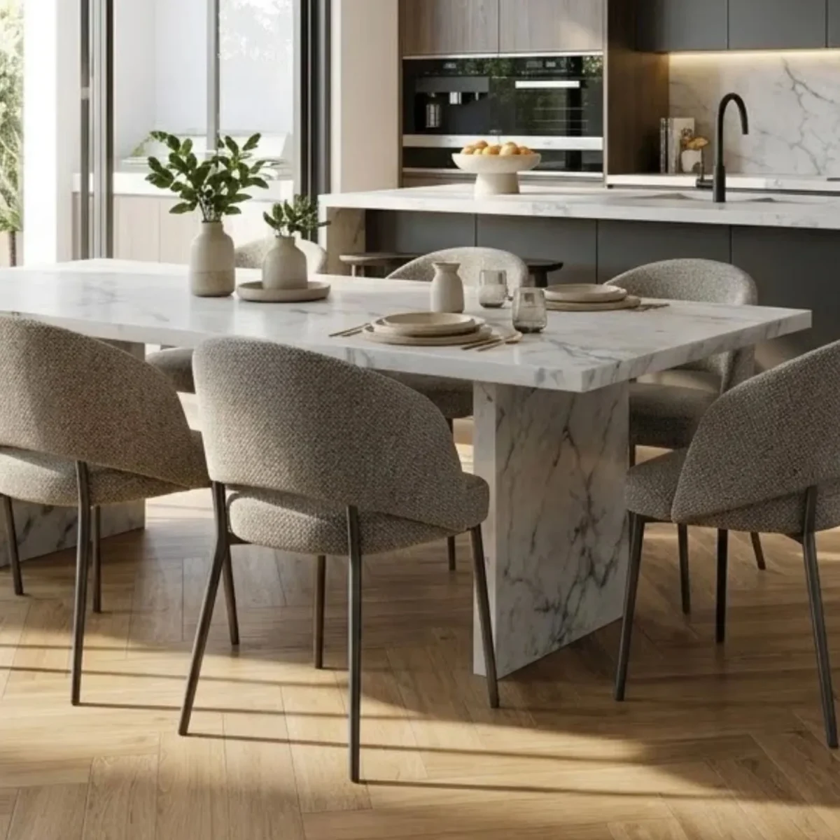 Laminate Sheet Stone Pattern TD Board Carrara Marble 1684 PL Kitchen Island Application ลามิเนตปิดผิวเฟอร์นิเจอร์ลายหินอ่อน แบรนด์ TD Board ขาวลายเส้นเทา รหัส 1684 PL ตัวอย่างการใช้บนเคาน์เตอร์ครัว