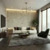 Laminate Sheet Stone Pattern TD Board Concrete 9564 CL Living Room Feature Wall ลามิเนตปิดผิวเฟอร์นิเจอร์ลายหินอ่อน แบรนด์ TD Board เทาอ่อนลายคอนกรีต รหัส 9564 CL ตัวอย่างการใช้บนผนังห้องนั่งเล่น