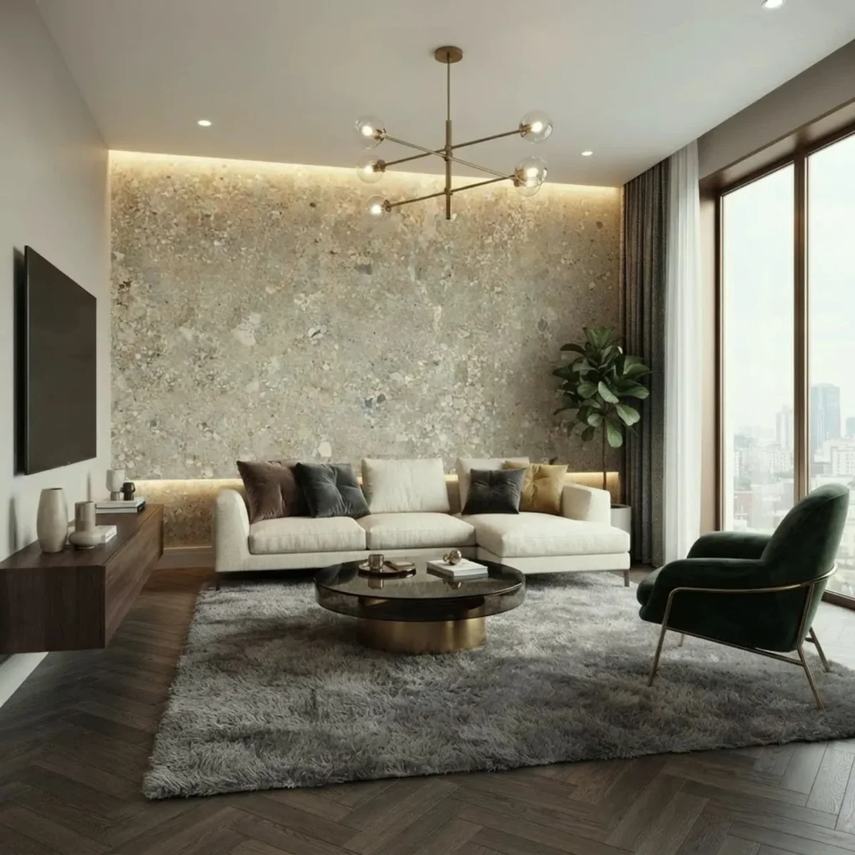 Laminate Sheet Stone Pattern TD Board Concrete 9564 CL Living Room Feature Wall ลามิเนตปิดผิวเฟอร์นิเจอร์ลายหินอ่อน แบรนด์ TD Board เทาอ่อนลายคอนกรีต รหัส 9564 CL ตัวอย่างการใช้บนผนังห้องนั่งเล่น