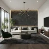 Laminate Sheet Stone Pattern TD Board Dry Slate 8876 CL Living Room Feature Wall ลามิเนตปิดผิวเฟอร์นิเจอร์ลายหินอ่อน แบรนด์ TD Board เทาเข้มลายหินชนวน รหัส 8876 CL ตัวอย่างการใช้บนผนังห้องนั่งเล่น