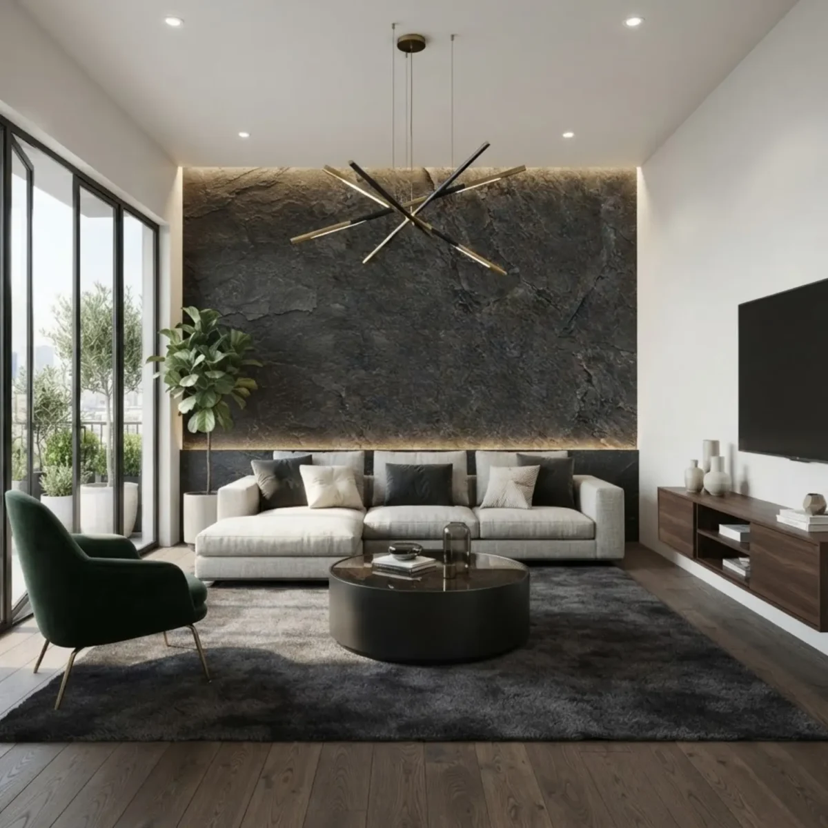 Laminate Sheet Stone Pattern TD Board Dry Slate 8876 CL Living Room Feature Wall ลามิเนตปิดผิวเฟอร์นิเจอร์ลายหินอ่อน แบรนด์ TD Board เทาเข้มลายหินชนวน รหัส 8876 CL ตัวอย่างการใช้บนผนังห้องนั่งเล่น