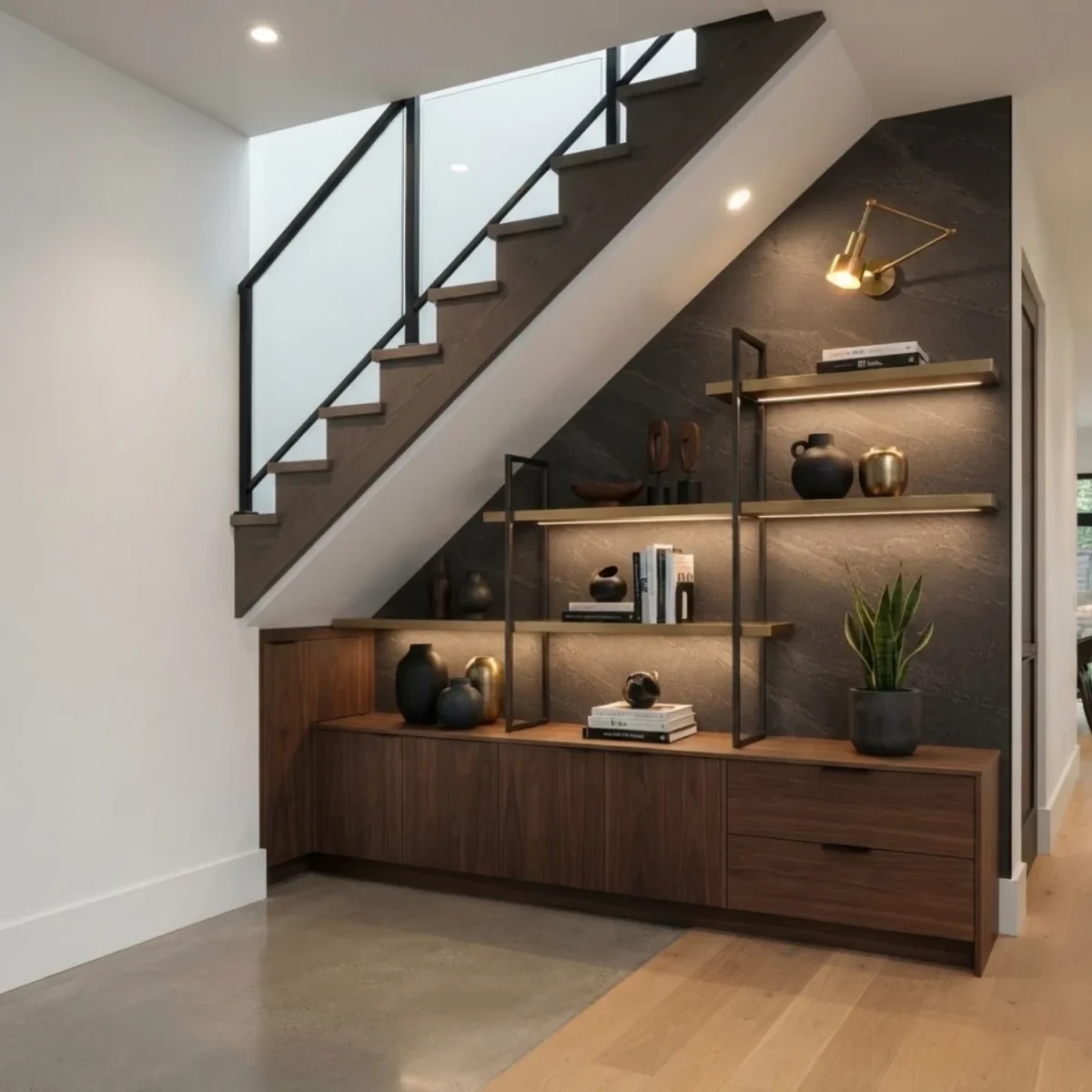 Laminate Sheet Stone Pattern TD Board Greystone 1698 CL Stairway Console Application ลามิเนตปิดผิวเฟอร์นิเจอร์ลายหินอ่อน แบรนด์ TD Board เทากลางลายหิน รหัส 1698 CL ตัวอย่างการใช้บริเวณผนังใต้บันได