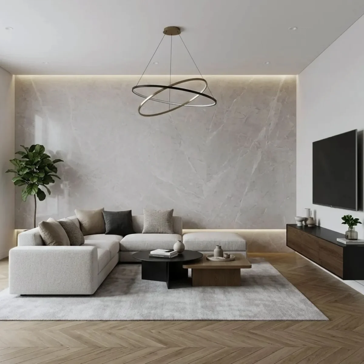 Laminate Sheet Stone Pattern TD Board Ice Venus 5758 PL Living Room Feature Wall ลามิเนตปิดผิวเฟอร์นิเจอร์ลายหินอ่อน แบรนด์ TD Board เทาอ่อนลายเส้นหิน รหัส 5758 PL ตัวอย่างการใช้บนผนังห้องนั่งเล่น