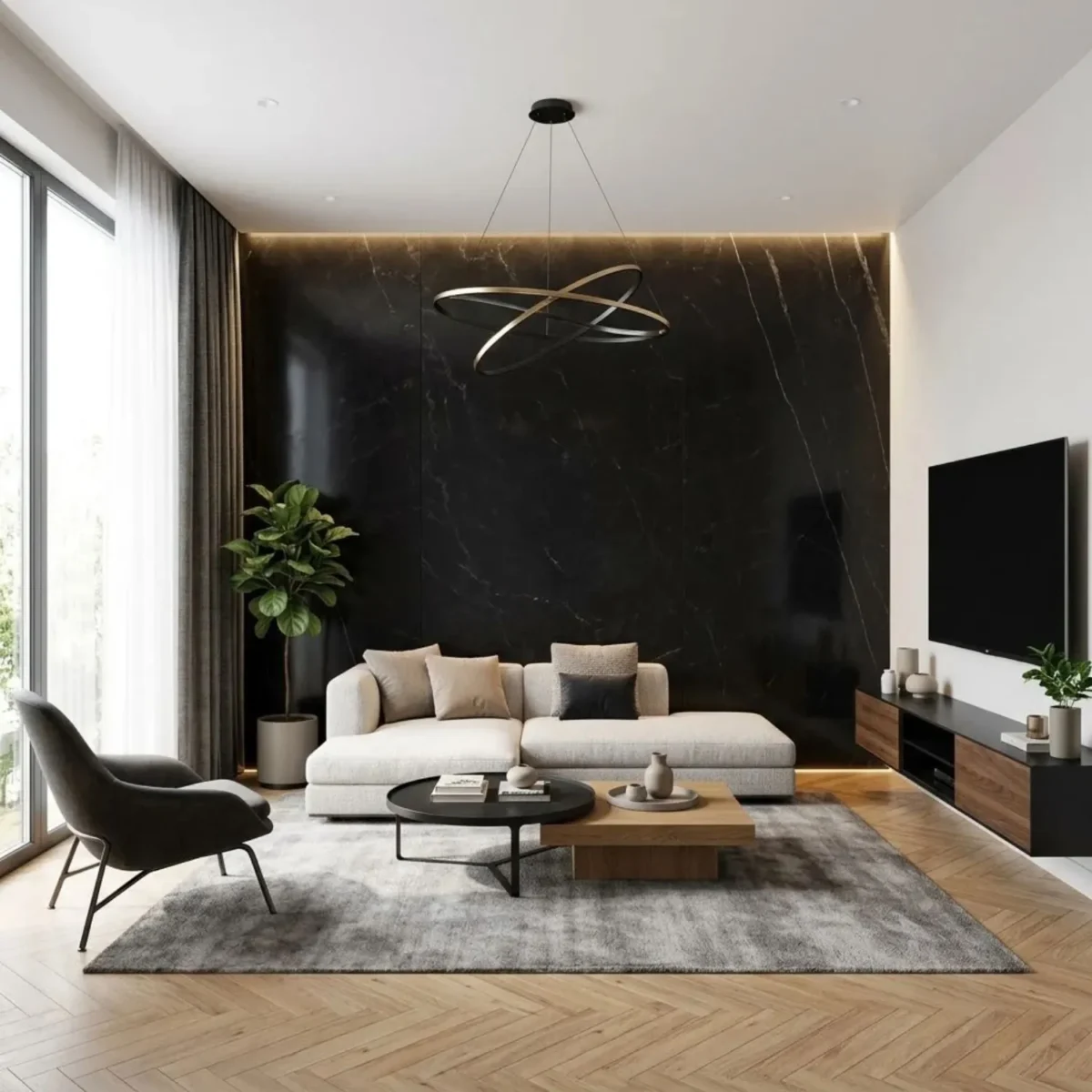 Laminate Sheet Stone Pattern TD Board Meteor Margiua 8874 PL Living Room Feature Wall ลามิเนตปิดผิวเฟอร์นิเจอร์ลายหินอ่อน แบรนด์ TD Board ดำลายเส้นขาว รหัส 8874 PL ตัวอย่างการใช้บนผนังห้องนั่งเล่น