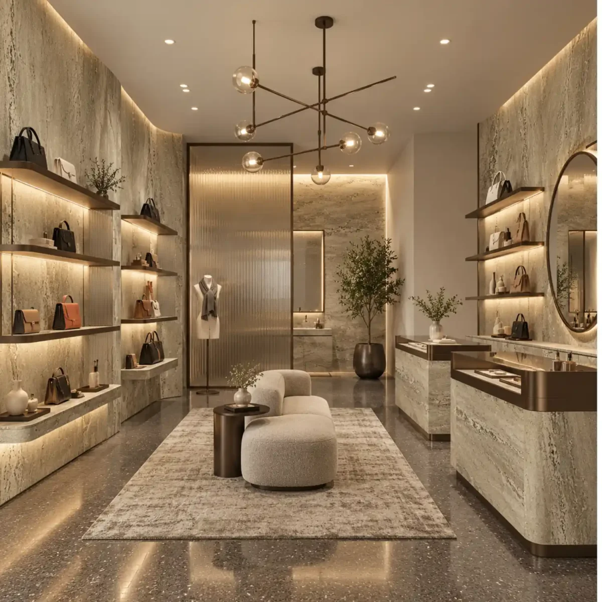Laminate Sheet Stone Pattern TD Board Rome Memory 9545 CL Interior Corridor Application ลามิเนตปิดผิวเฟอร์นิเจอร์ลายหินอ่อน แบรนด์ TD Board เบจลายเส้นน้ำตาล รหัส 9545 CL ตัวอย่างการใช้ในโถงทางเดิน