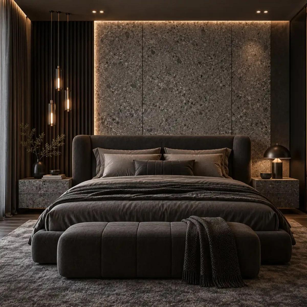 Laminate Sheet Stone Pattern TD Board Sand Dust 8878 CL Bedroom Feature Wall ลามิเนตปิดผิวเฟอร์นิเจอร์ลายหินอ่อน แบรนด์ TD Board เทาหม่นผิวทราย รหัส 8878 CL ตัวอย่างการใช้บนผนังห้องนอน