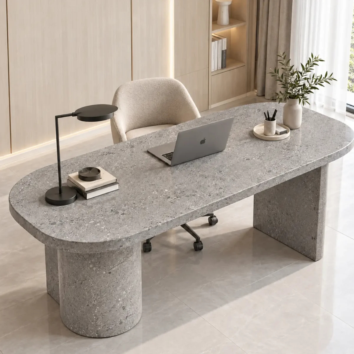 Laminate Sheet Stone Pattern TD Board Sand Storm 8877 CL Desk Surface Application ลามิเนตปิดผิวเฟอร์นิเจอร์ลายหินอ่อน แบรนด์ TD Board เทาอ่อนผิวเม็ดละเอียด รหัส 8877 CL ตัวอย่างการใช้บนโต๊ะทำงาน