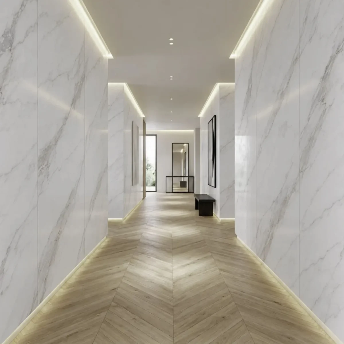 Laminate Sheet Stone Pattern TD Board Shallow Carrara 8873 PL Stone Pattern Corridor Application ลามิเนตปิดผิวเฟอร์นิเจอร์ลายหินอ่อน แบรนด์ TD Board ขาวลายเส้นเทาอ่อน รหัส 8873 PL ตัวอย่างการใช้ในโถงทางเดิน