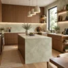 Laminate Sheet Stone Pattern TD Board Washed Concrete 9542 CL Kitchen Island Panel Application ลามิเนตปิดผิวเฟอร์นิเจอร์ลายหินอ่อน แบรนด์ TD Board เทาเบจลายคอนกรีต รหัส 9542 CL ตัวอย่างการใช้บนแผงเคาน์เตอร์ครัว