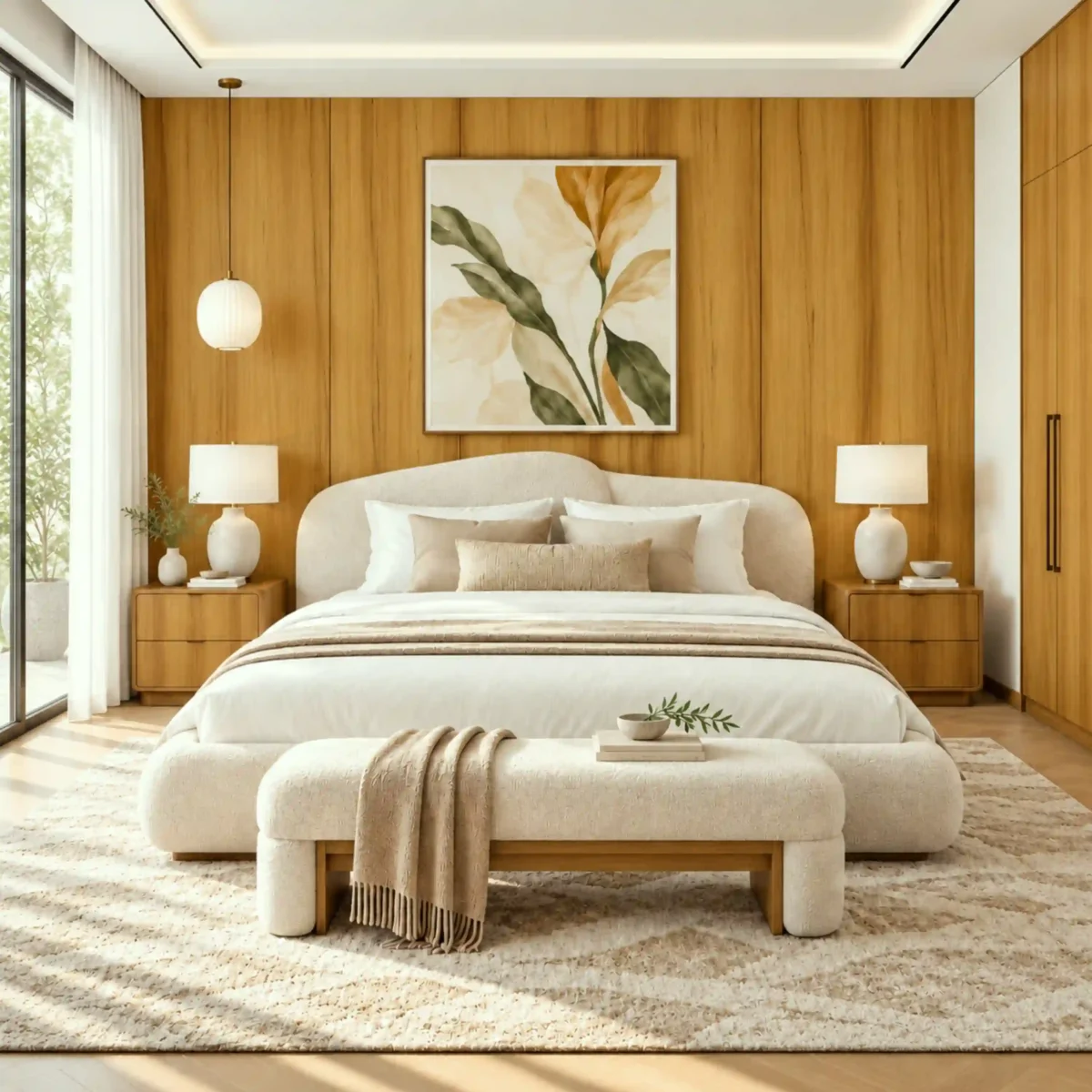 Laminate Sheet Wood Grains TD Board China Teak 6868 M Application ลามิเนตปิดผิวเฟอร์นิเจอร์ลายไม้ TD Board สีน้ำตาลทอง รหัส 6868 M ตัวอย่างการใช้งานในห้องนอนโทนไม้