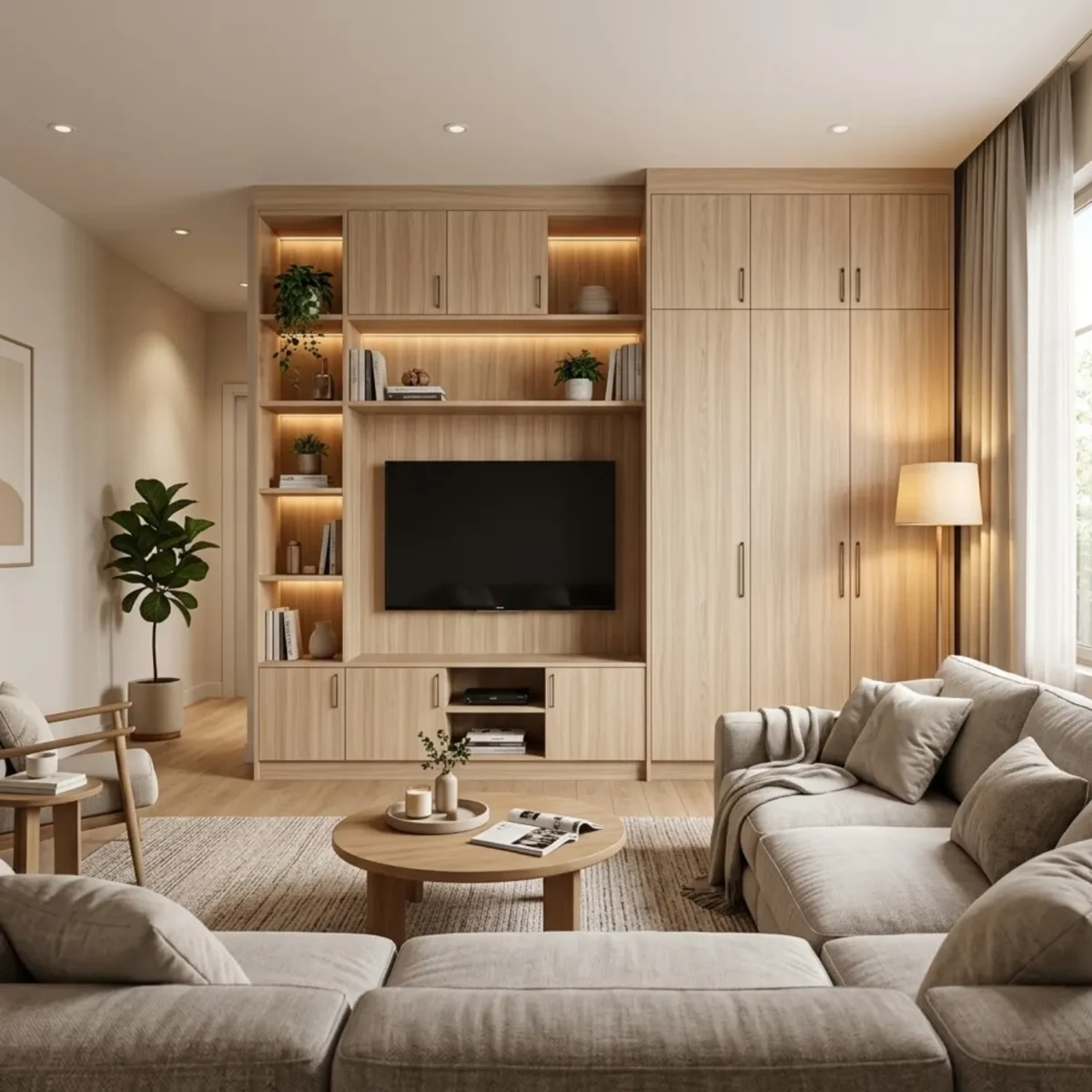 Laminate Sheet Wood Grains TD Board Dakar Asia 0587 IM Application ลามิเนตปิดผิวเฟอร์นิเจอร์ลายไม้ TD Board สีเบจน้ำตาล รหัส 0587 IM ตัวอย่างการใช้งานในห้องนั่งเล่นโทนไม้