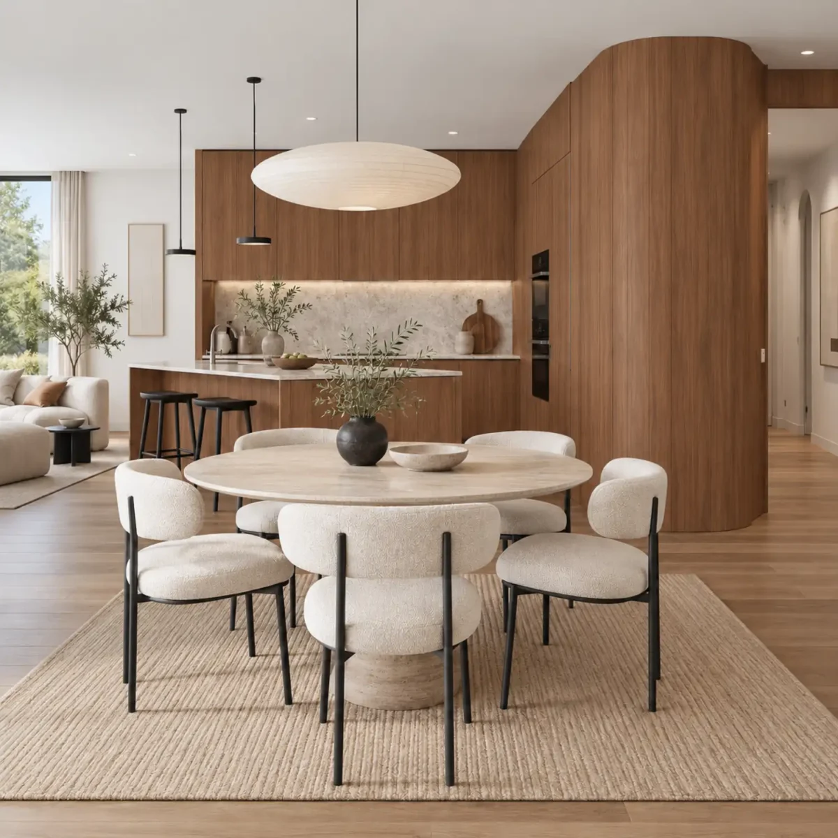 Laminate Sheet Wood Grains TD Board Scandinavian Teak 8605 NC Application ลามิเนตปิดผิวเฟอร์นิเจอร์ลายไม้ TD Board สีน้ำตาลอุ่น รหัส 8605 NC ตัวอย่างการใช้งานในห้องรับประทานอาหารโทนไม้