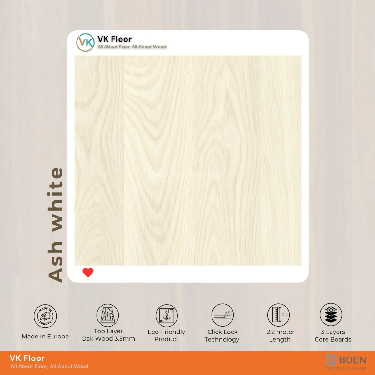 BOEN Ash White พื้นไม้คอมพาวด์ลายแอชสำหรับตกแต่งภายใน | วิวัฒน์ชัยค้าไม้